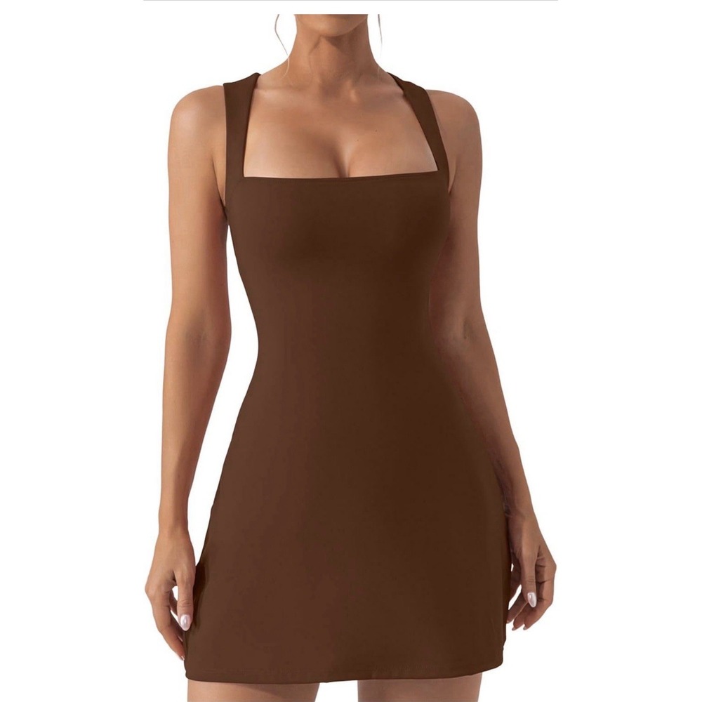 Women's Chocolate Brown Square Neck Mini Dress Bodycon Tank Racerback Medium